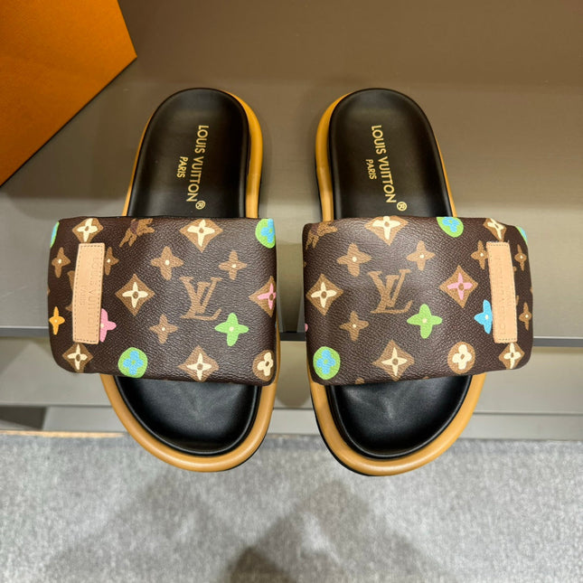 LV VELCRO SLIPPERS IN CHOCOLATE BROWN MONOGRAM CALFSKIN