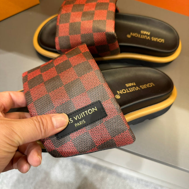LV VELCRO SLIPPERS RED MIX BLACK DAMIER MONOGRAM CALFSKIN