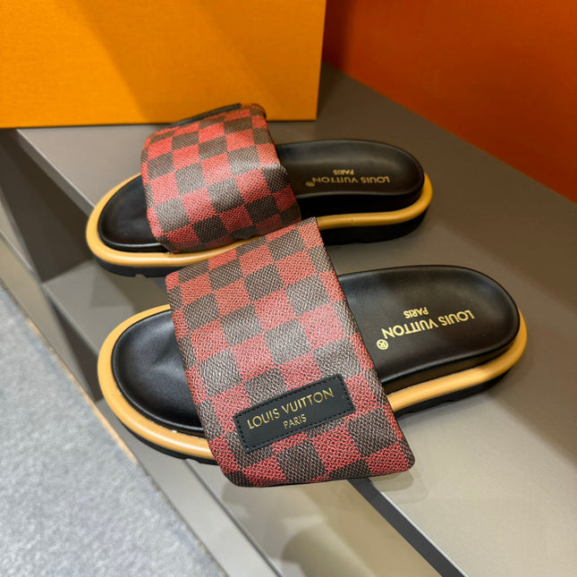LV VELCRO SLIPPERS RED MIX BLACK DAMIER MONOGRAM CALFSKIN