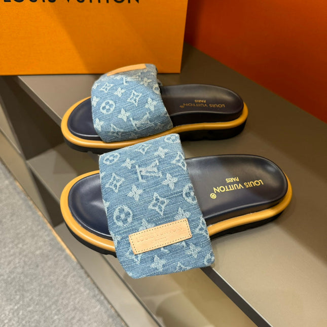 LV VELCRO SLIPPERS IN LIGHT BLUE MONOGRAM DENIM