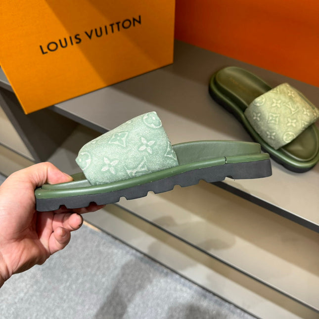 LV VELCRO SLIPPERS IN OLIVE GREEN MONOGRAM JACQUARD