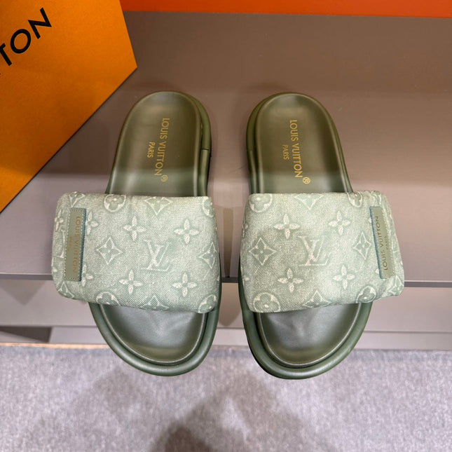 LV VELCRO SLIPPERS IN OLIVE GREEN MONOGRAM JACQUARD