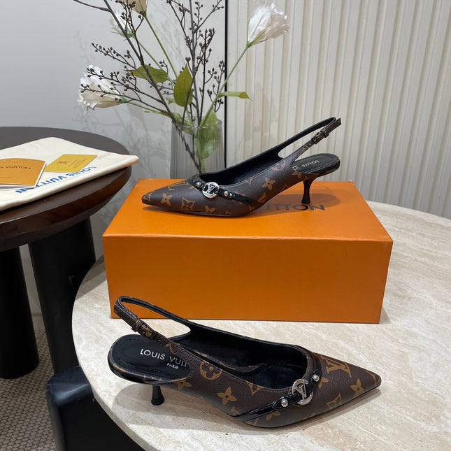 HIGH SLINGBACKS 5 CM IN CHOCOLATE BROWN MONOGRAM CALFSKIN