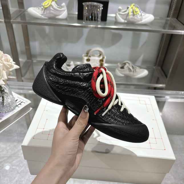 FLEXION SNEAKER IN BLACK CALFSKIN WITH RED AND WHITE LACES