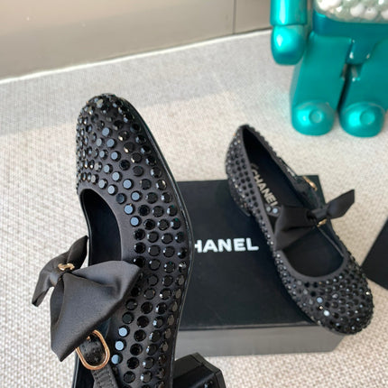 CC MARY JANES SHOES IN BLACK SATIN WITH RHINESTONES