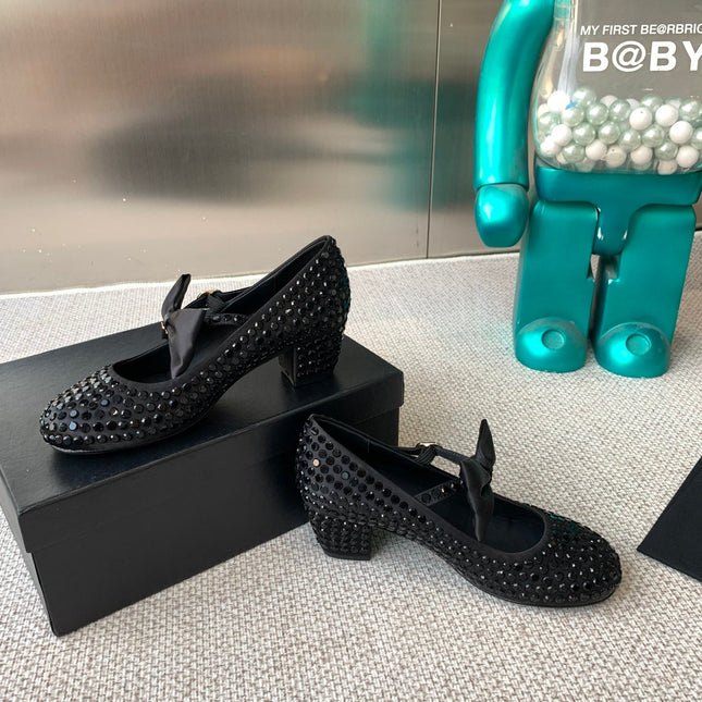 CC MARY JANES SHOES IN BLACK SATIN WITH RHINESTONES