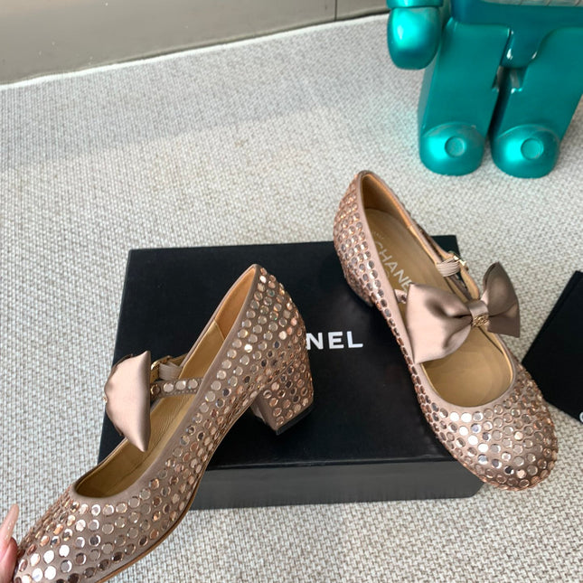 CC MARY JANES SHOES IN COPPER SATIN WITH RHINESTONES