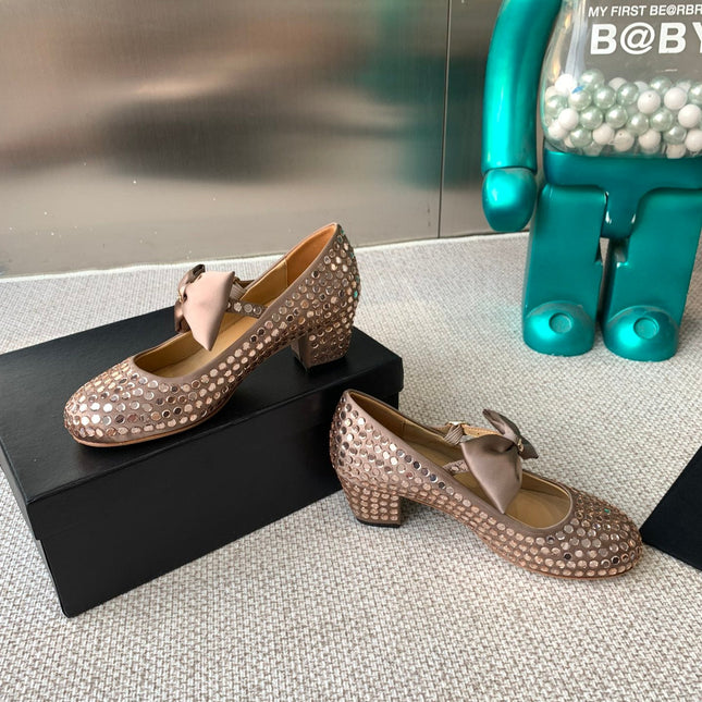CC MARY JANES SHOES IN COPPER SATIN WITH RHINESTONES