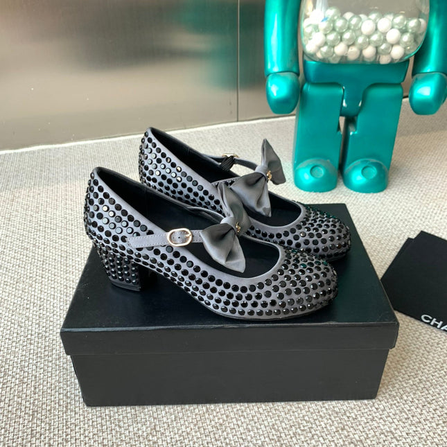 CC MARY JANES SHOES IN STEEL GRAY SATIN WITH BLACK RHINESTONES