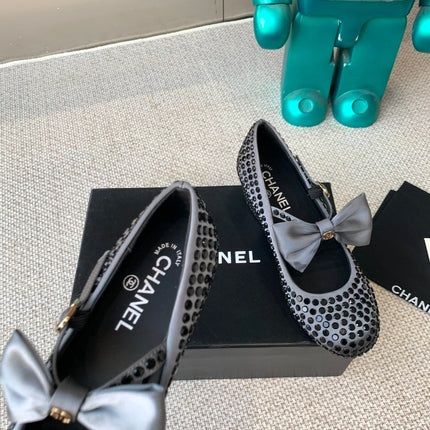 CC MARY JANES SHOES IN STEEL GRAY SATIN WITH BLACK RHINESTONES