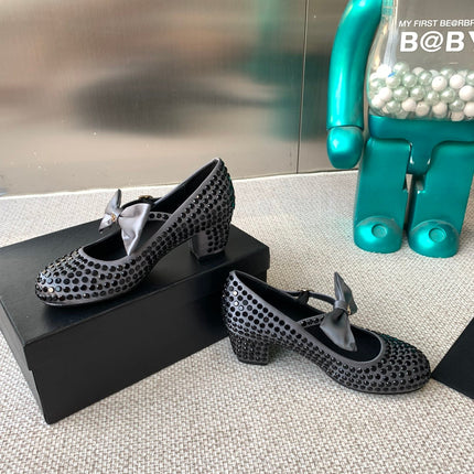 CC MARY JANES SHOES IN STEEL GRAY SATIN WITH BLACK RHINESTONES