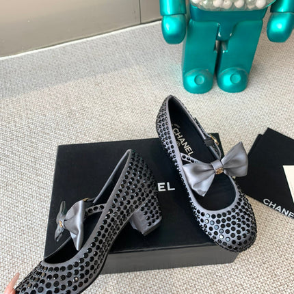 CC MARY JANES SHOES IN STEEL GRAY SATIN WITH BLACK RHINESTONES
