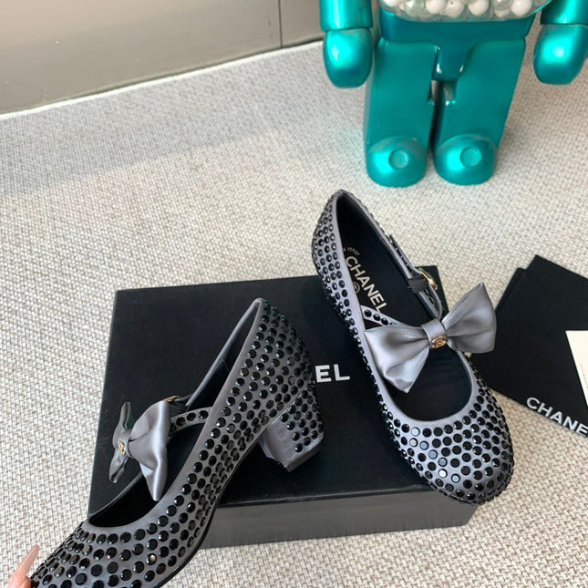 CC MARY JANES SHOES IN STEEL GRAY SATIN WITH BLACK RHINESTONES