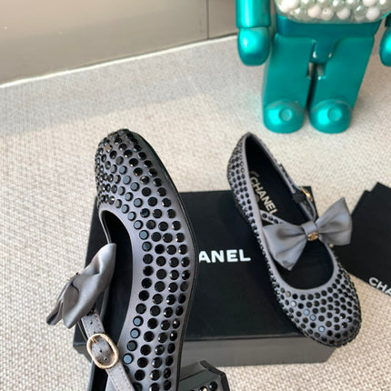 CC MARY JANES SHOES IN STEEL GRAY SATIN WITH BLACK RHINESTONES