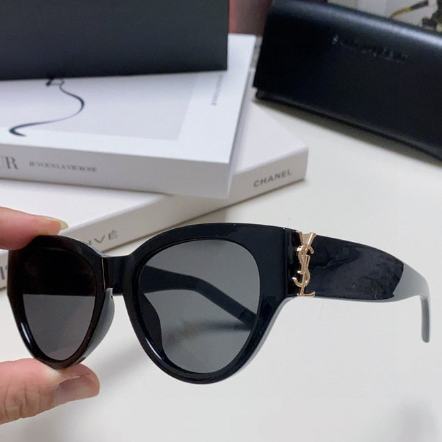 YSL CAT-EYE SUNGLASSES IN BLACK ACETATE WITH GOLD LOGO DETAIL