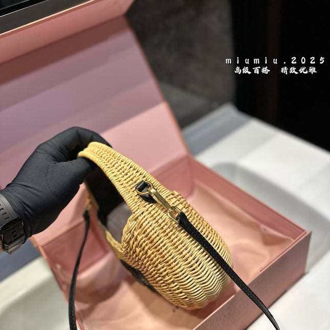 WANDER WICKER HOBO BAG 23 IN TAN BROWN HANDWOVEN WITH BLACK CALFSKIN LOGO