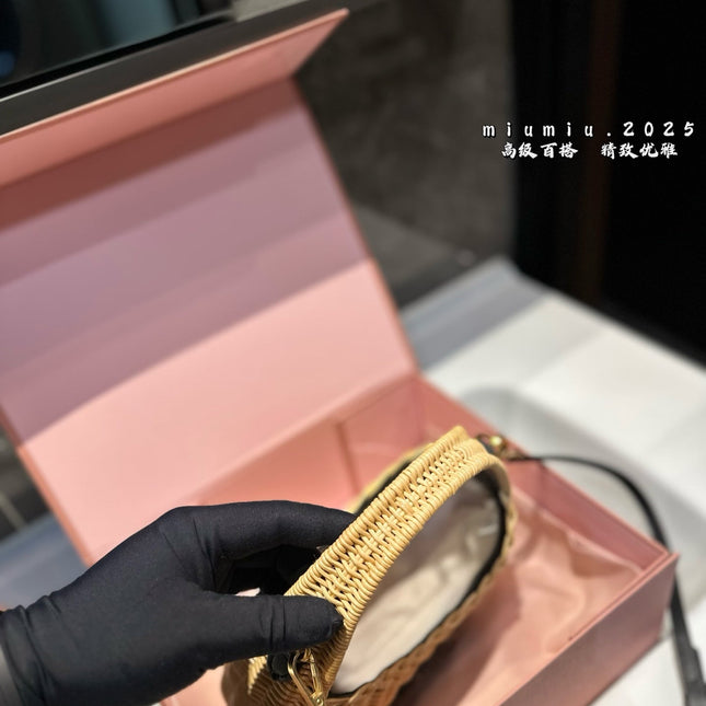 WANDER WICKER HOBO BAG 23 IN TAN BROWN HANDWOVEN WITH BLACK CALFSKIN LOGO