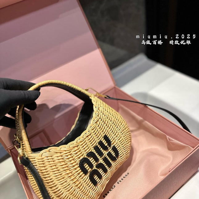 WANDER WICKER HOBO BAG 23 IN TAN BROWN HANDWOVEN WITH BLACK CALFSKIN LOGO