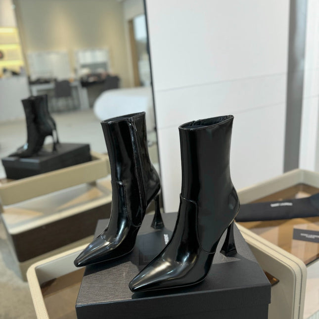 HIGH HEEL POINTED-TOE ANKLE BOOTS IN BLACK SHINY CALFSKIN