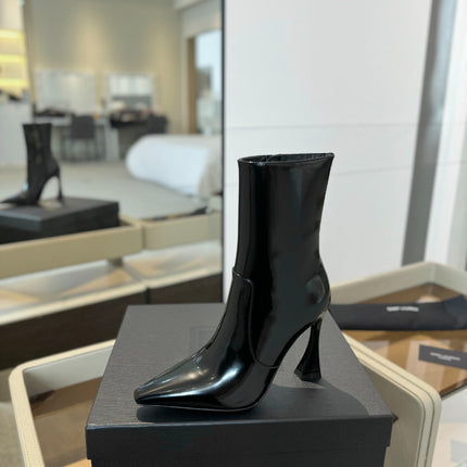 HIGH HEEL POINTED-TOE ANKLE BOOTS IN BLACK SHINY CALFSKIN