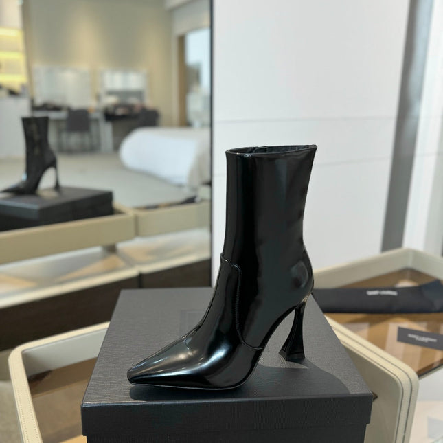 HIGH HEEL POINTED-TOE ANKLE BOOTS IN BLACK SHINY CALFSKIN