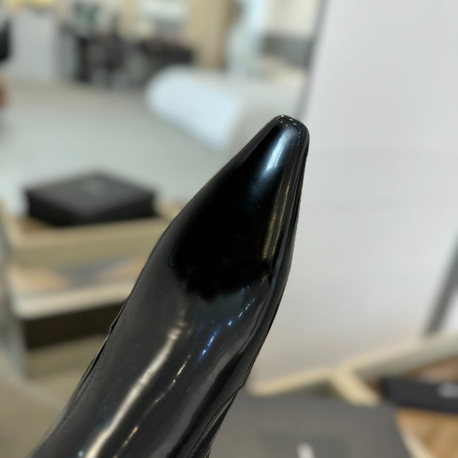 HIGH HEEL POINTED-TOE ANKLE BOOTS IN BLACK SHINY CALFSKIN
