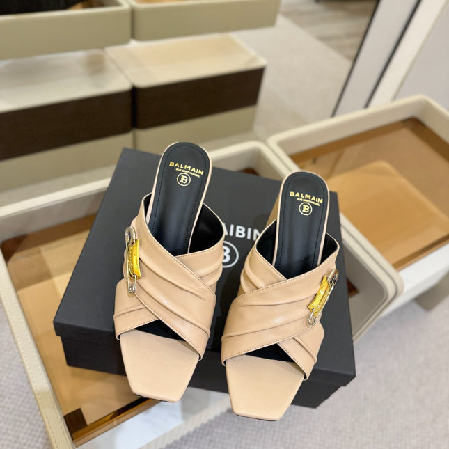 BALMAIN 25S WEDGE HEEL SANDALS 100MM IN NUDE CALFSKIN