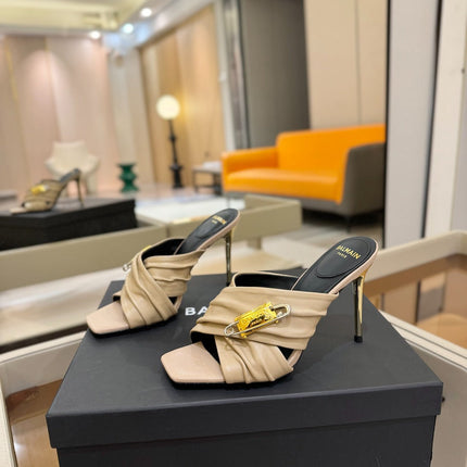 BALMAIN 25S HIGH HEEL SANDALS 95MM IN BEIGE CALFSKIN