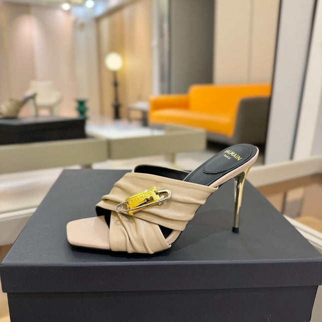 BALMAIN 25S HIGH HEEL SANDALS 95MM IN BEIGE CALFSKIN