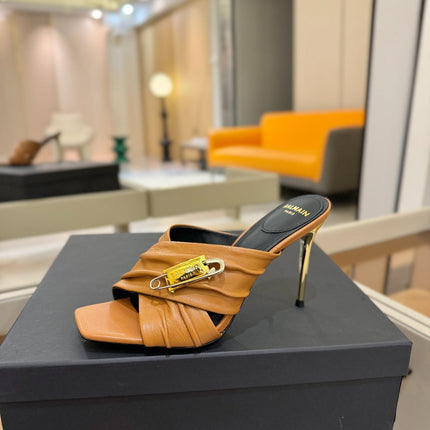 BALMAIN 25S HIGH HEEL SANDALS 95MM IN BROWN CALFSKIN