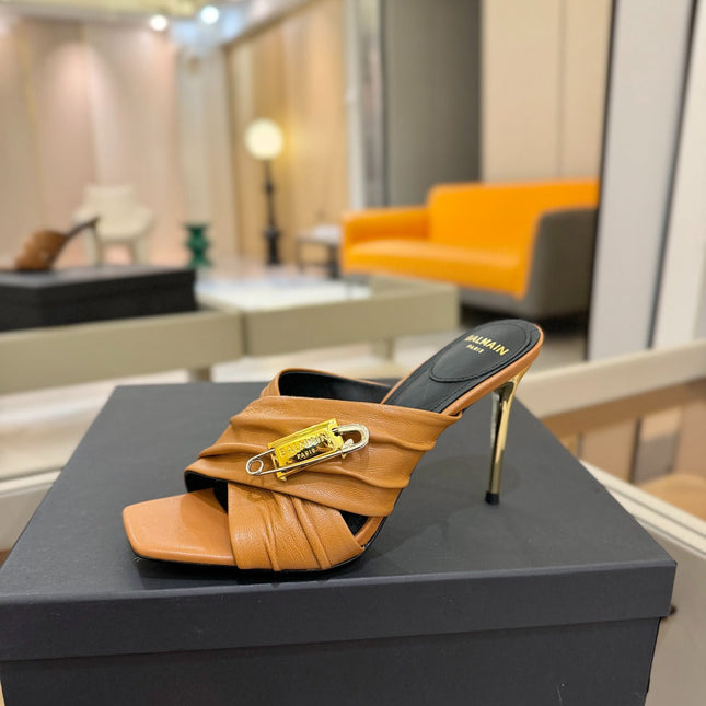BALMAIN 25S HIGH HEEL SANDALS 95MM IN BROWN CALFSKIN