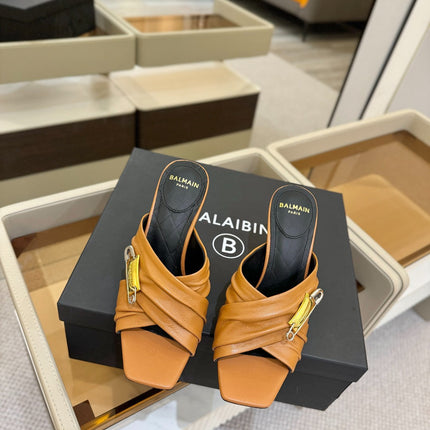 BALMAIN 25S HIGH HEEL SANDALS 95MM IN BROWN CALFSKIN