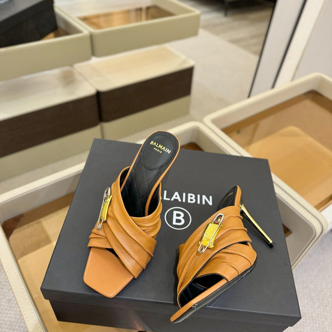 BALMAIN 25S HIGH HEEL SANDALS 95MM IN BROWN CALFSKIN