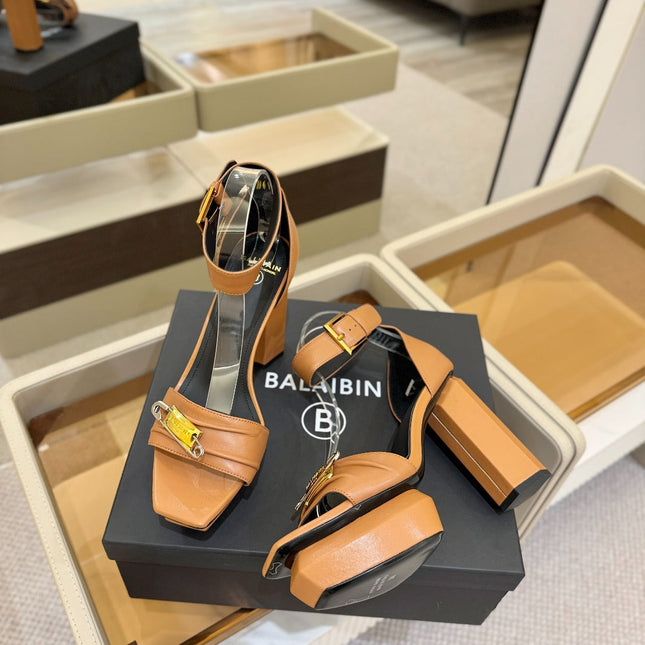 BALMAIN 25S WEDGE HEELS 100MM IN BROWN CALFSKIN
