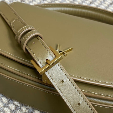 VOLTAIRE HALF-MOON SHOULDER BAG 24 IN CEDAR BROWN CALFSKIN GOLD METALLIC