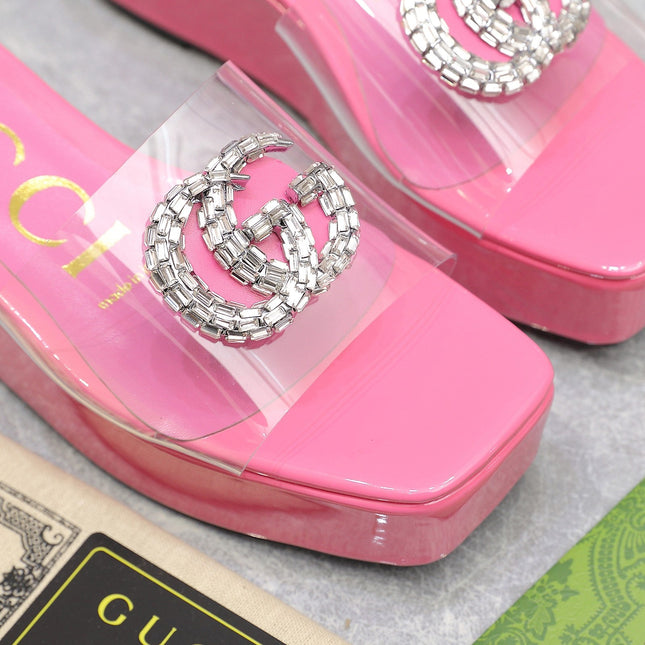 HIGH WEDGE PLATFORM WITH DOUBLE G IN PINK GLOSSY CALFSKIN