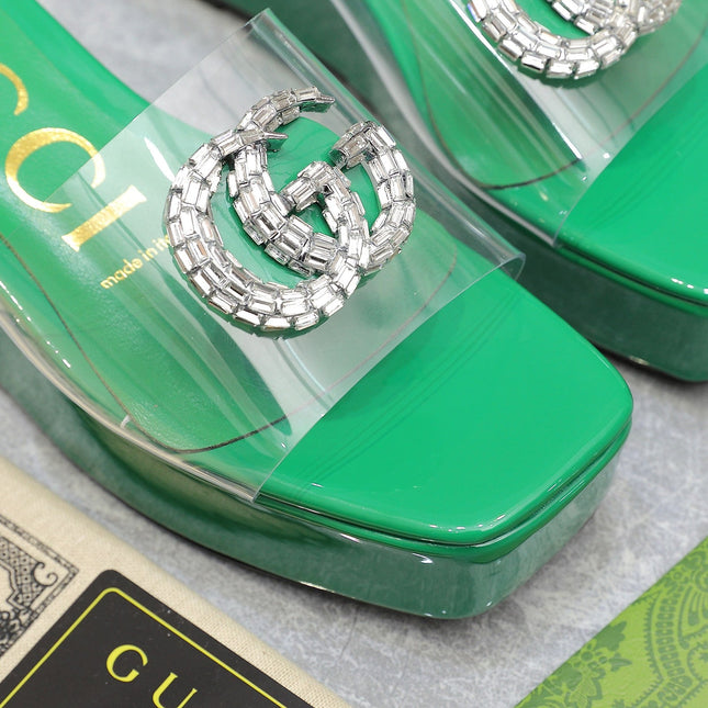 HIGH WEDGE PLATFORM WITH DOUBLE G IN GREEN GLOSSY CALFSKIN