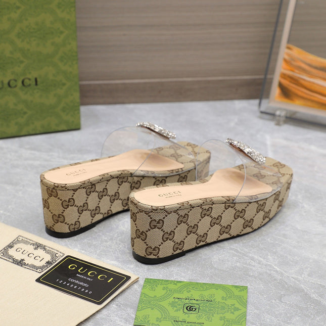 HIGH WEDGE PLATFORM IN CAMEL BEIGE CANVAS WITH DOUBLE CRYSTAL G BUCKLE