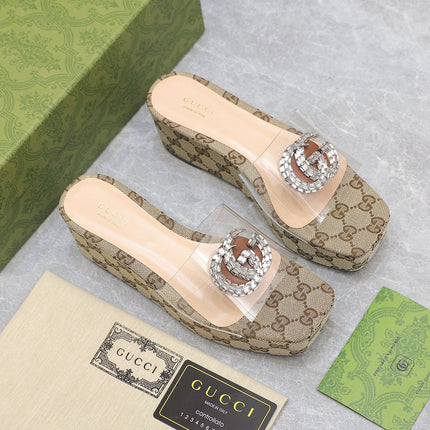 HIGH WEDGE PLATFORM IN CAMEL BEIGE CANVAS WITH DOUBLE CRYSTAL G BUCKLE