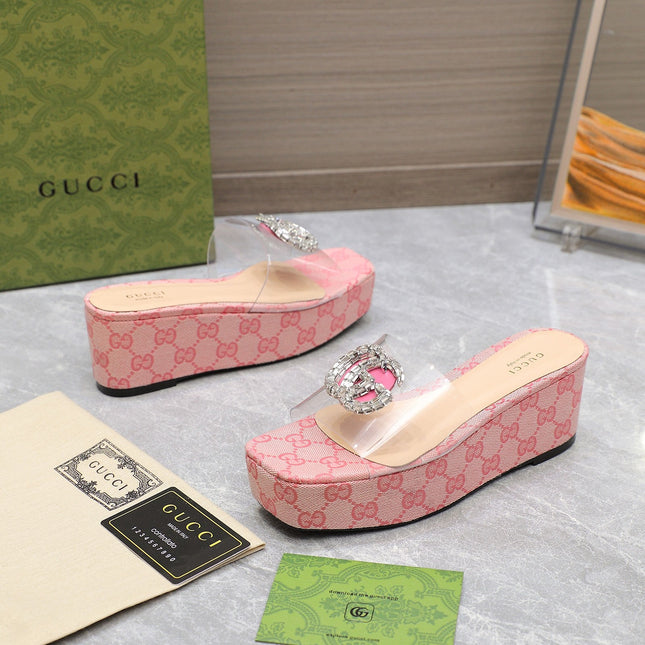 HIGH WEDGE PLATFORM IN LIGHT PINK CANVAS WITH DOUBLE CRYSTAL G BUCKLE