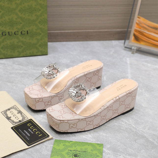 HIGH WEDGE PLATFORM IN ALMOND BEIGE CANVAS WITH DOUBLE CRYSTAL G BUCKLE