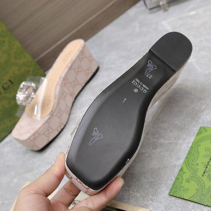 HIGH WEDGE PLATFORM IN ALMOND BEIGE CANVAS WITH DOUBLE CRYSTAL G BUCKLE