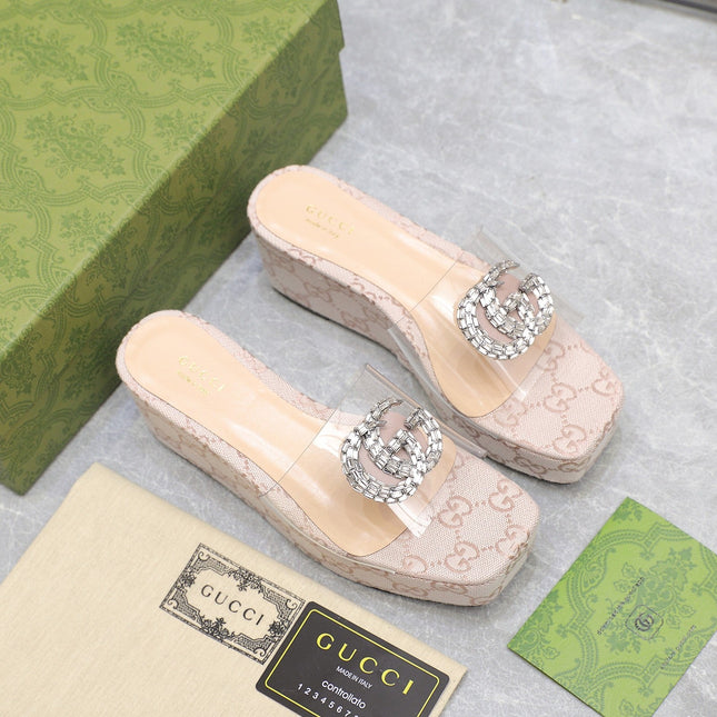 HIGH WEDGE PLATFORM IN ALMOND BEIGE CANVAS WITH DOUBLE CRYSTAL G BUCKLE