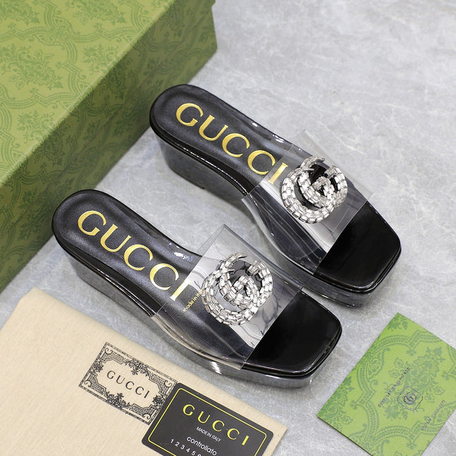 HIGH WEDGE PLATFORM IN BLACK GLOSSY CALFSKIN WITH DOUBLE CRYSTAL G BUCKLE