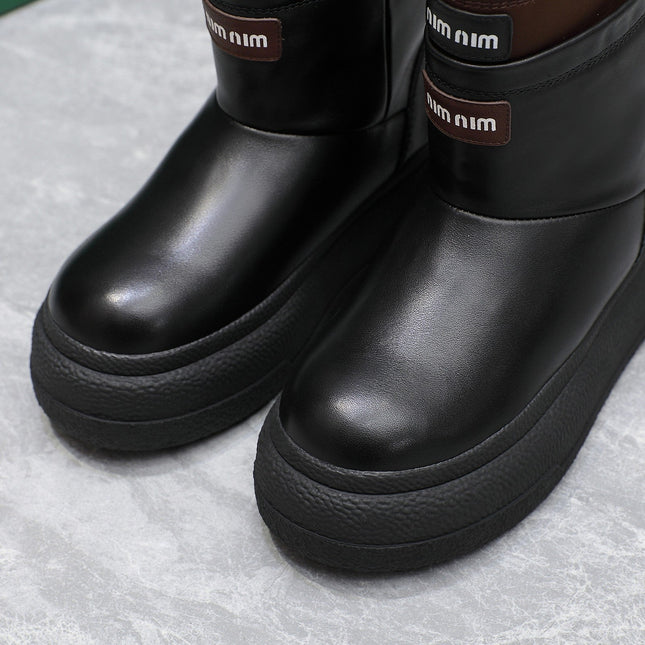 THICK-SOLED SNOW BOOTS IN BLACK CALFSKIN MIX CHOCOLATE NYLON