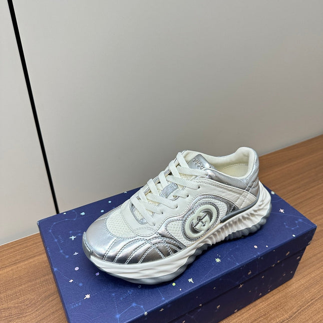 GG Ripple Leather Sneakers White Silver