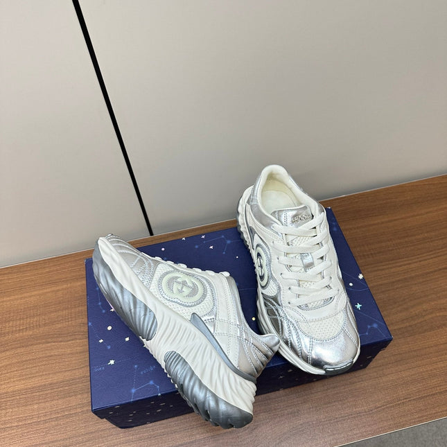 GG Ripple Leather Sneakers White Silver