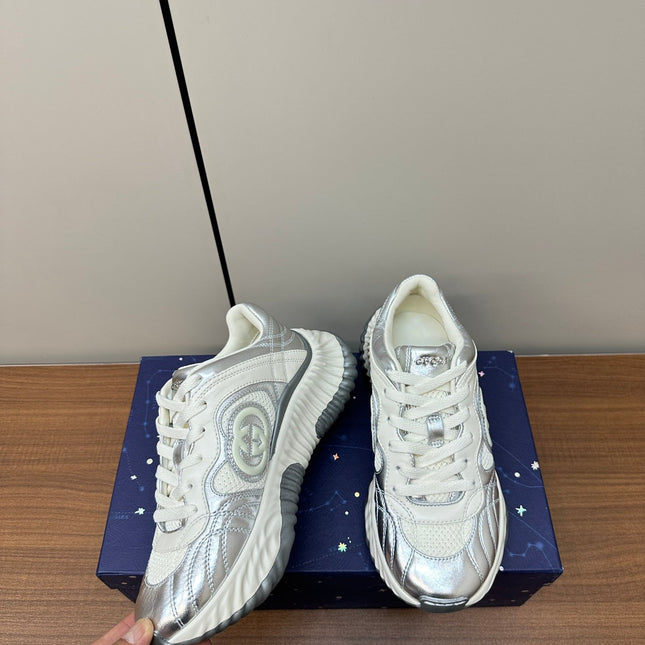 GG Ripple Leather Sneakers White Silver
