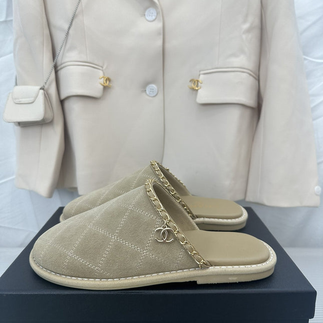 CC Khaki Green Suede Gold Chain Mules