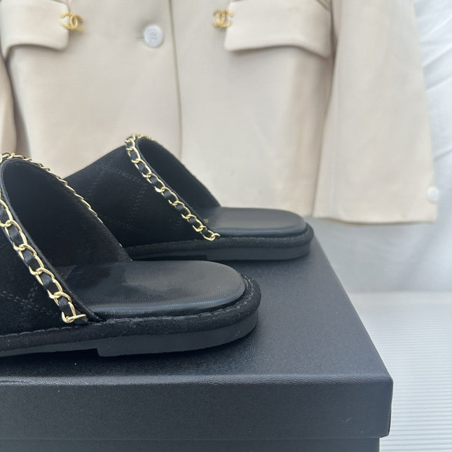 CC Black Suede Gold Chain Mules